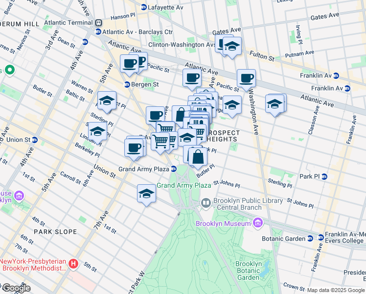 map of restaurants, bars, coffee shops, grocery stores, and more near 237 Park Place in Brooklyn