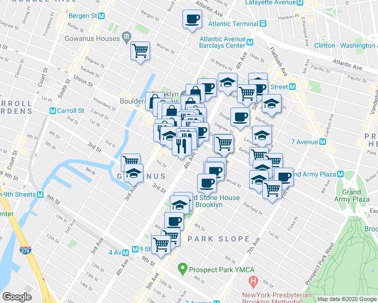 map of restaurants, bars, coffee shops, grocery stores, and more near 564 President Street in Brooklyn