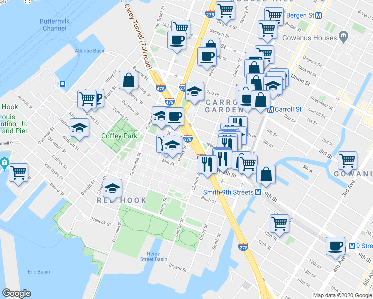 map of restaurants, bars, coffee shops, grocery stores, and more near 260 Hamilton Avenue in Brooklyn
