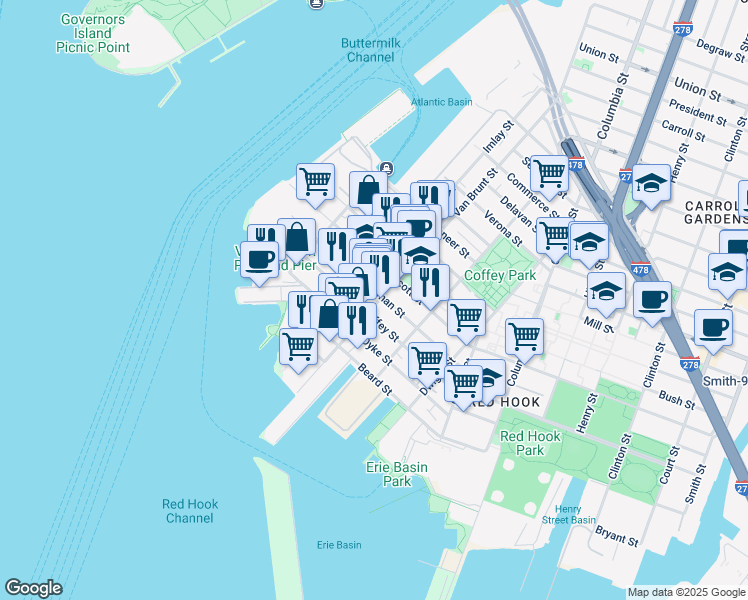 map of restaurants, bars, coffee shops, grocery stores, and more near 129 Dikeman Street in Brooklyn