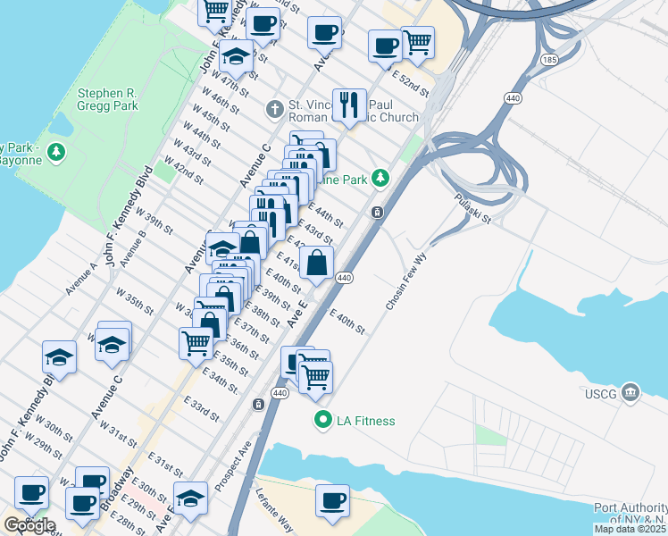 map of restaurants, bars, coffee shops, grocery stores, and more near 46 East 42nd Street in Bayonne