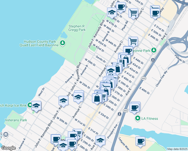 map of restaurants, bars, coffee shops, grocery stores, and more near 80-82 East 38th Street in Bayonne