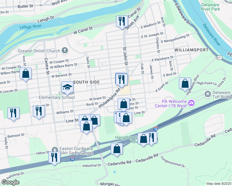 map of restaurants, bars, coffee shops, grocery stores, and more near Philadelphia Road in Easton