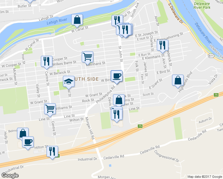 map of restaurants, bars, coffee shops, grocery stores, and more near Philadelphia Road in Easton