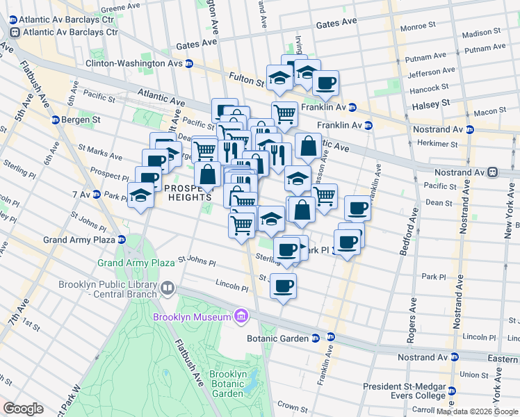 map of restaurants, bars, coffee shops, grocery stores, and more near 617 Grand Avenue in Brooklyn