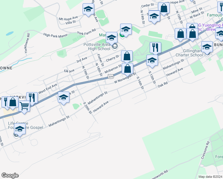 map of restaurants, bars, coffee shops, grocery stores, and more near 1808 Mahantongo Street in Pottsville