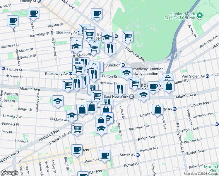 map of restaurants, bars, coffee shops, grocery stores, and more near 1422 Herkimer Street in Brooklyn