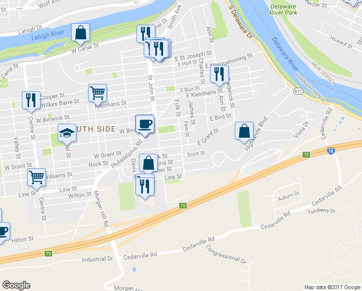 map of restaurants, bars, coffee shops, grocery stores, and more near 76 West Grant Street in Easton