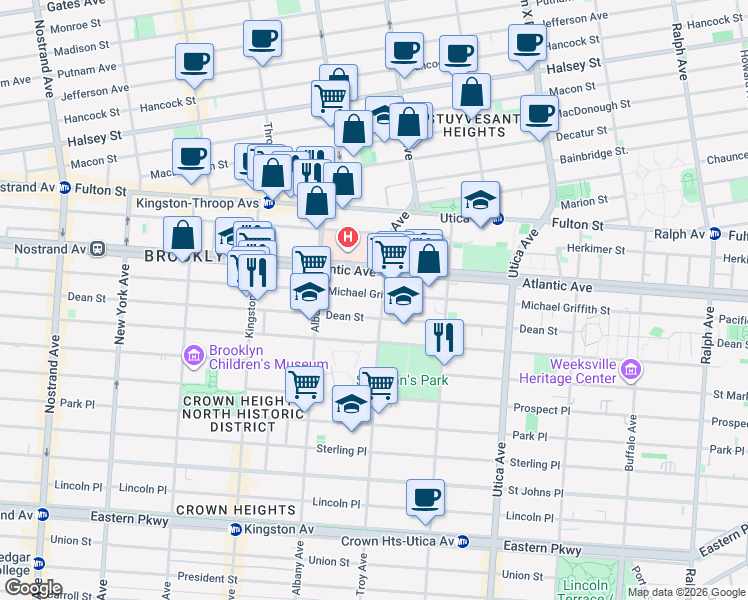 map of restaurants, bars, coffee shops, grocery stores, and more near 1598 Pacific Street in Brooklyn