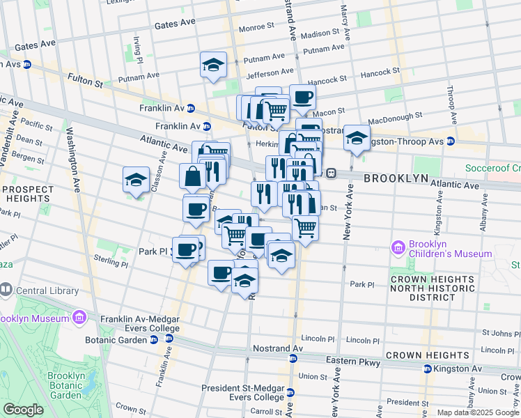 map of restaurants, bars, coffee shops, grocery stores, and more near 19 Rogers Avenue in Brooklyn