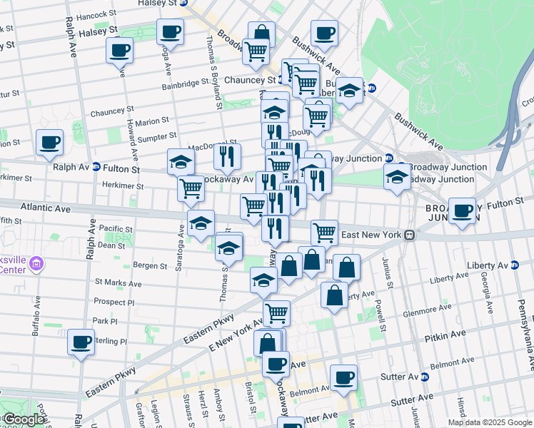 map of restaurants, bars, coffee shops, grocery stores, and more near 180 Rockaway Avenue in Brooklyn