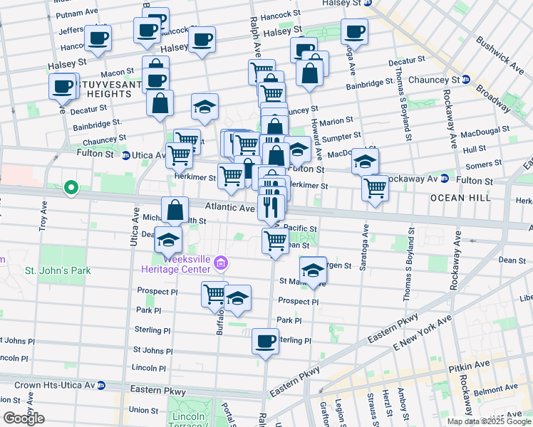 map of restaurants, bars, coffee shops, grocery stores, and more near 1982 Atlantic Avenue in Brooklyn