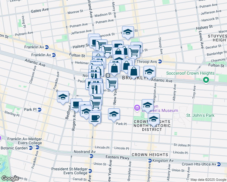 map of restaurants, bars, coffee shops, grocery stores, and more near 1260 Dean Street in Brooklyn