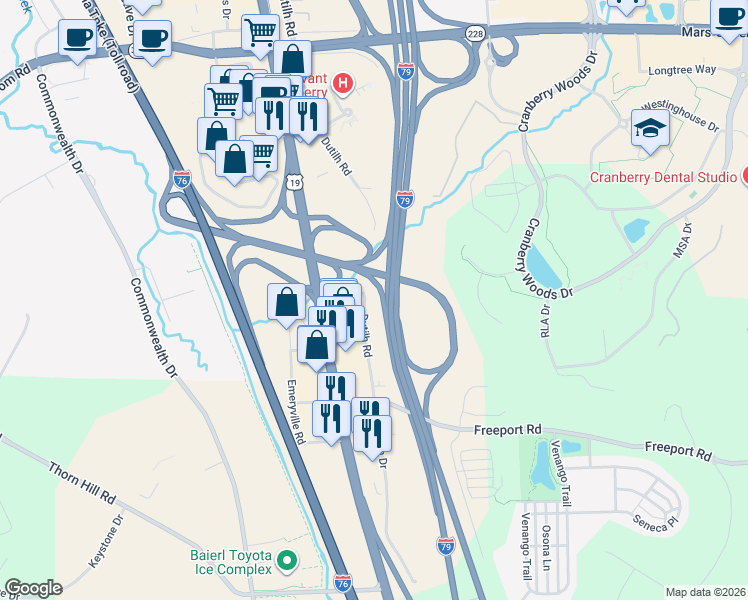 map of restaurants, bars, coffee shops, grocery stores, and more near 1205 Dutilh Road in Cranberry Township