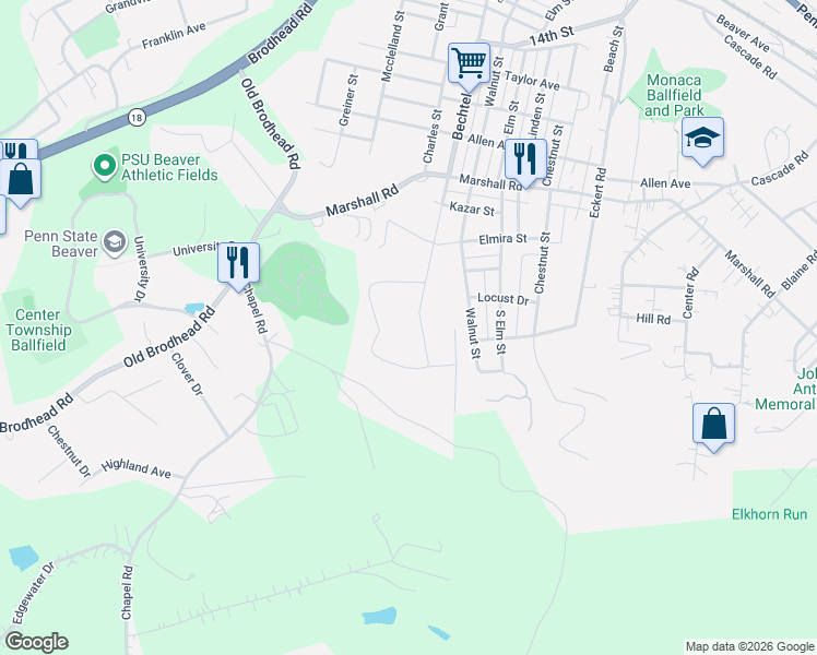 map of restaurants, bars, coffee shops, grocery stores, and more near 1344 Bechtel Street in Monaca