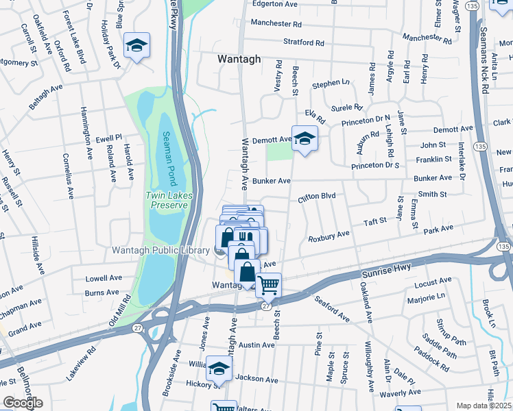 map of restaurants, bars, coffee shops, grocery stores, and more near 3340 Ira Road in Wantagh