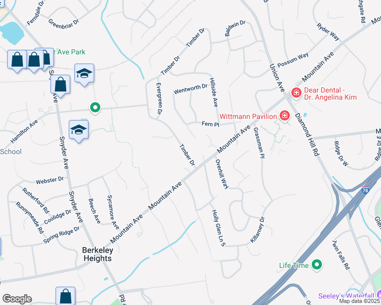 map of restaurants, bars, coffee shops, grocery stores, and more near 31 Timber Drive in Berkeley Heights