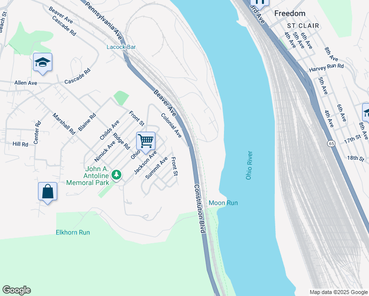 map of restaurants, bars, coffee shops, grocery stores, and more near 2728 Colonial Avenue in Monaca