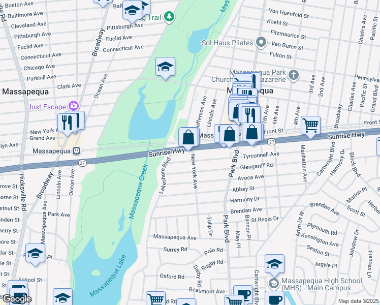 map of restaurants, bars, coffee shops, grocery stores, and more near 4722 New York 27 in Massapequa Park