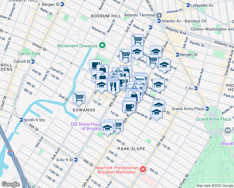 map of restaurants, bars, coffee shops, grocery stores, and more near 4th Ave & President St in Brooklyn