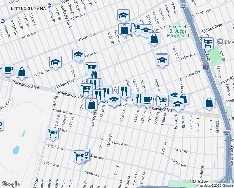 map of restaurants, bars, coffee shops, grocery stores, and more near 115-25 122nd Street in Queens