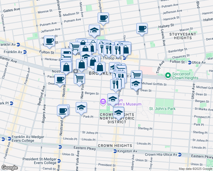 map of restaurants, bars, coffee shops, grocery stores, and more near 1363 Dean Street in Brooklyn