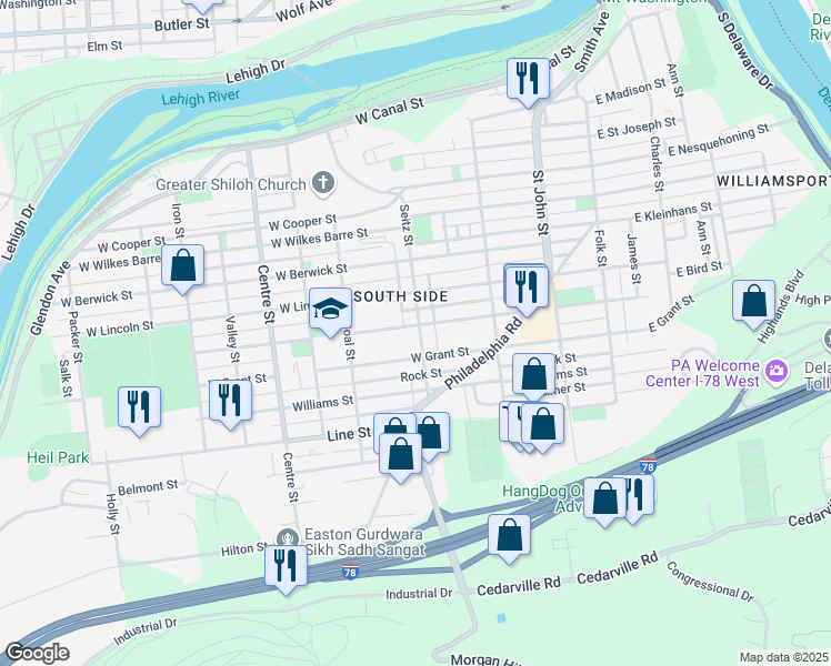 map of restaurants, bars, coffee shops, grocery stores, and more near 705 Seitz Street in Easton