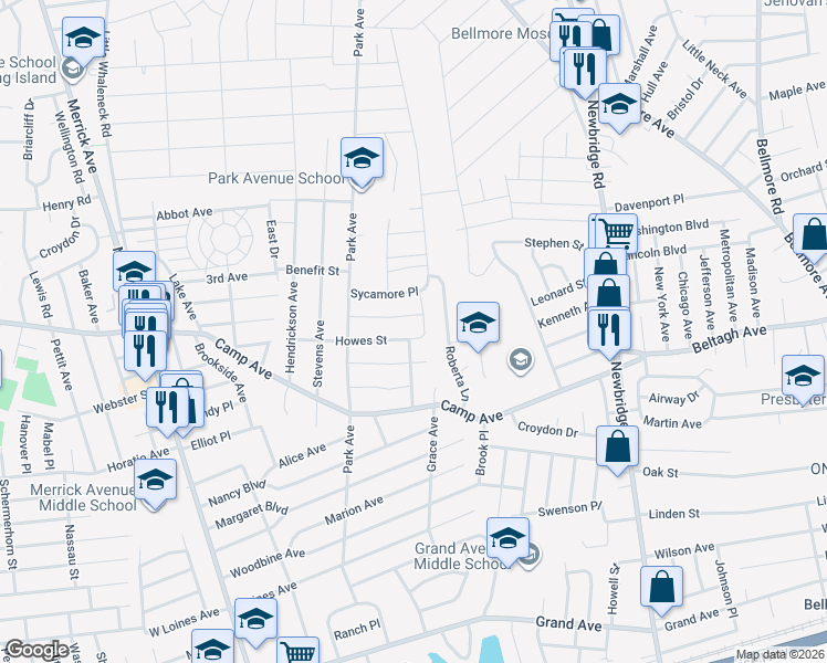 map of restaurants, bars, coffee shops, grocery stores, and more near 1718 Sycamore Avenue in Merrick