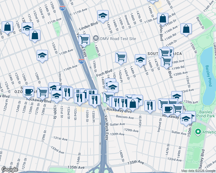 map of restaurants, bars, coffee shops, grocery stores, and more near 117-51 141st Street in Queens