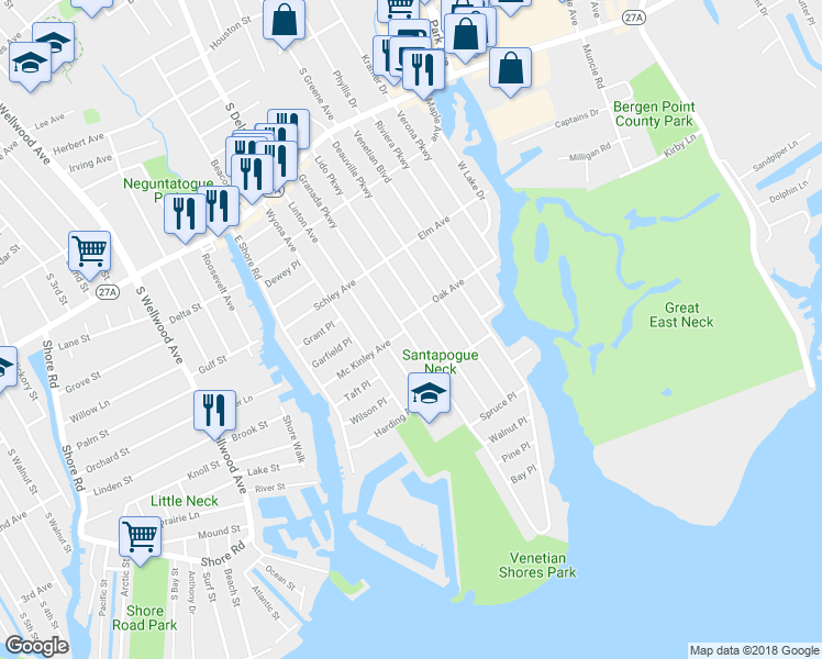 map of restaurants, bars, coffee shops, grocery stores, and more near 310 Granada Parkway in Lindenhurst