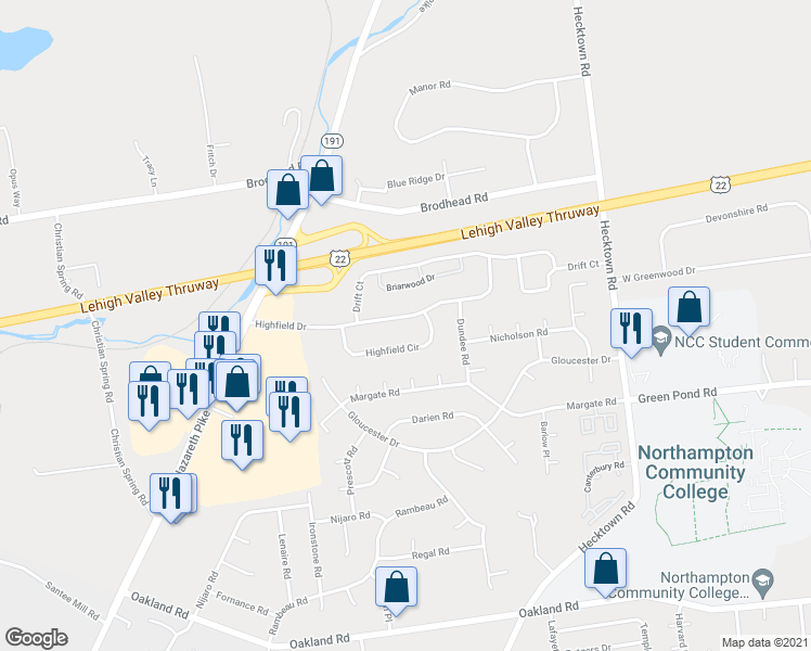 map of restaurants, bars, coffee shops, grocery stores, and more near 3262 Highfield Drive in Bethlehem
