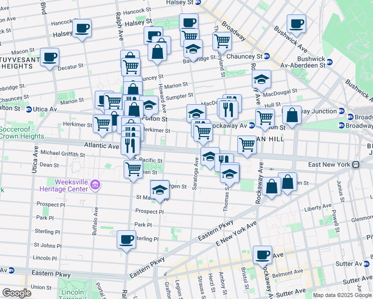 map of restaurants, bars, coffee shops, grocery stores, and more near Atlantic Avenue in Brooklyn