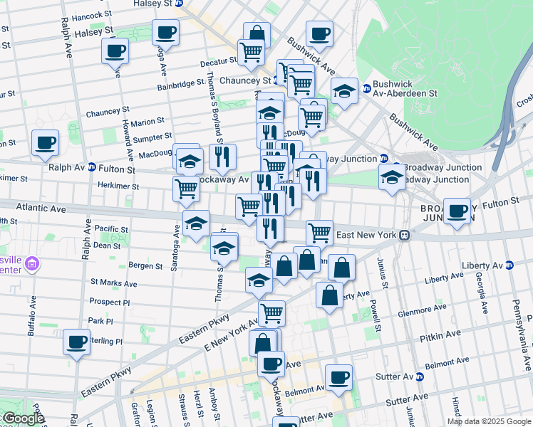map of restaurants, bars, coffee shops, grocery stores, and more near 180 Rockaway Avenue in Brooklyn