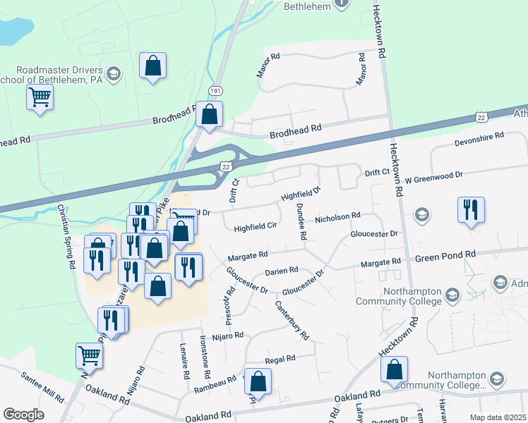 map of restaurants, bars, coffee shops, grocery stores, and more near 3262 Highfield Drive in Bethlehem