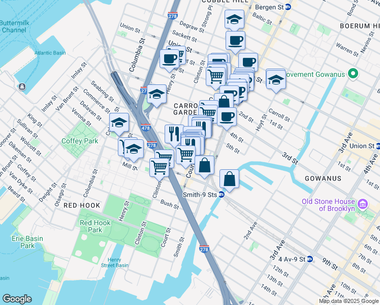 map of restaurants, bars, coffee shops, grocery stores, and more near 165 Nelson Street in Brooklyn