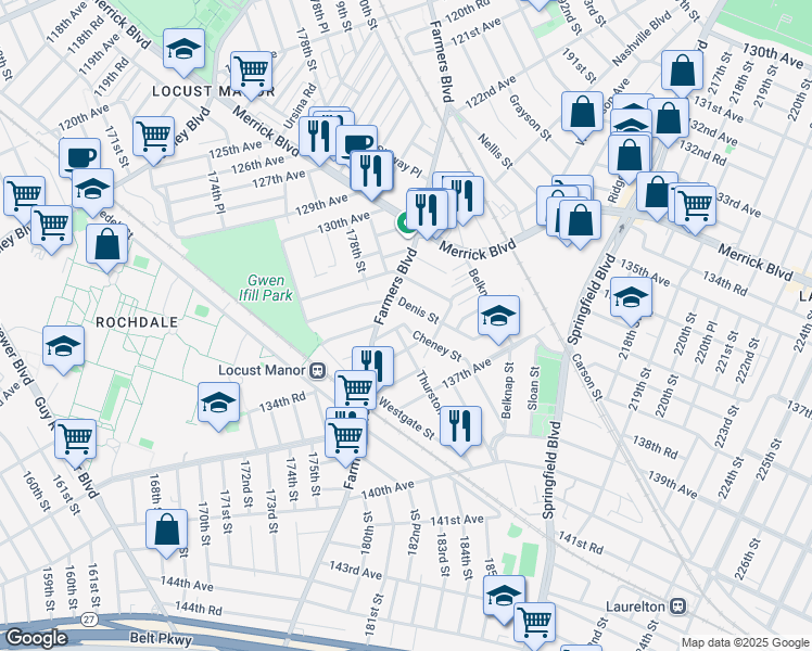 map of restaurants, bars, coffee shops, grocery stores, and more near 134th Avenue in Queens