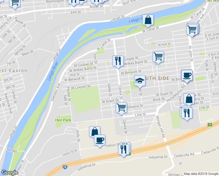 map of restaurants, bars, coffee shops, grocery stores, and more near 798 Bird Street in Easton