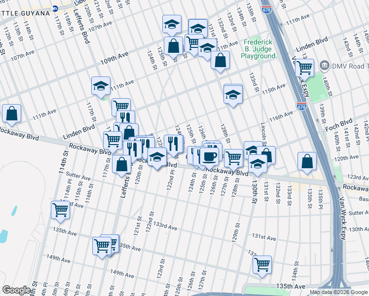 map of restaurants, bars, coffee shops, grocery stores, and more near 115-40 124th Street in Queens