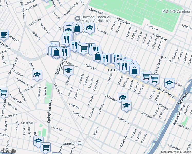 map of restaurants, bars, coffee shops, grocery stores, and more near 135-02 221st Street in Queens