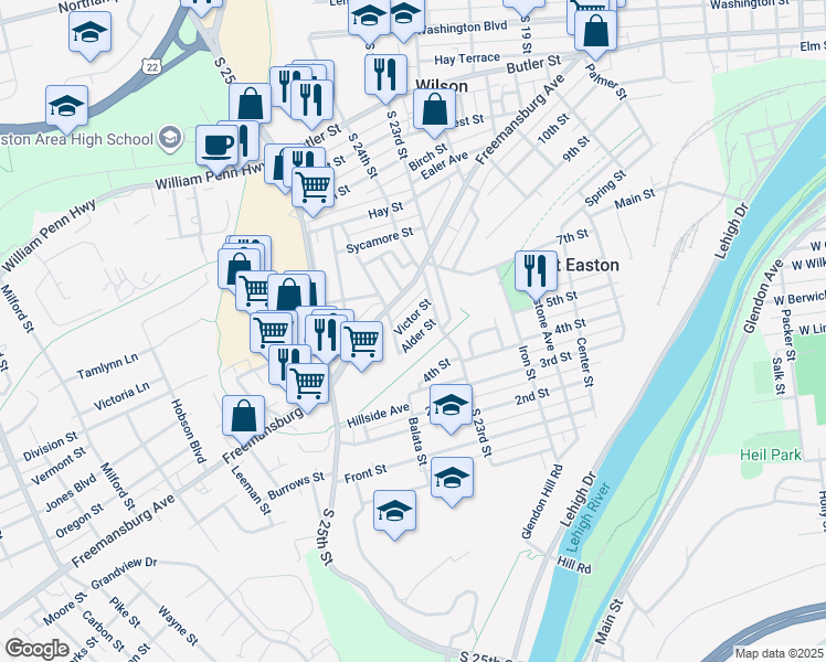 map of restaurants, bars, coffee shops, grocery stores, and more near 2422 Victor Street in Easton