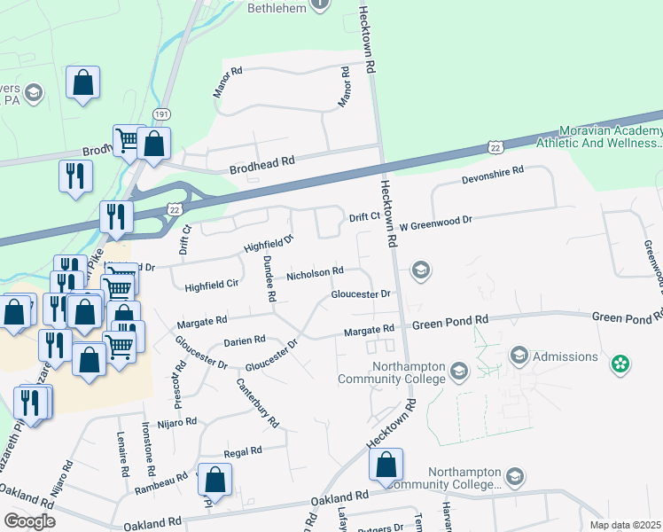 map of restaurants, bars, coffee shops, grocery stores, and more near 3545 Nicholson Road in Bethlehem