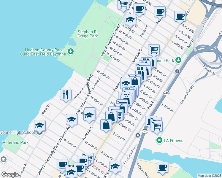 map of restaurants, bars, coffee shops, grocery stores, and more near 66 West 38th Street in Bayonne