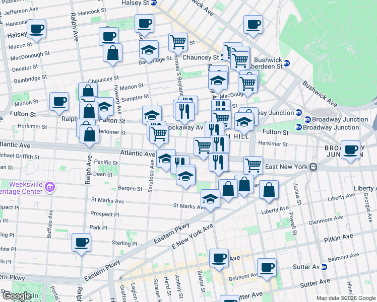map of restaurants, bars, coffee shops, grocery stores, and more near 2025 Atlantic Avenue in Brooklyn