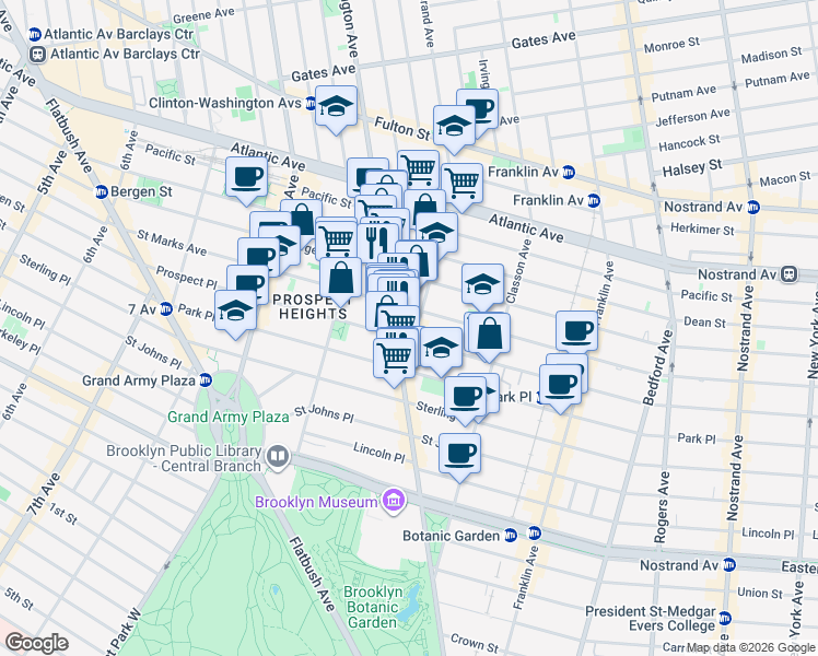 map of restaurants, bars, coffee shops, grocery stores, and more near 630 Grand Avenue in Brooklyn