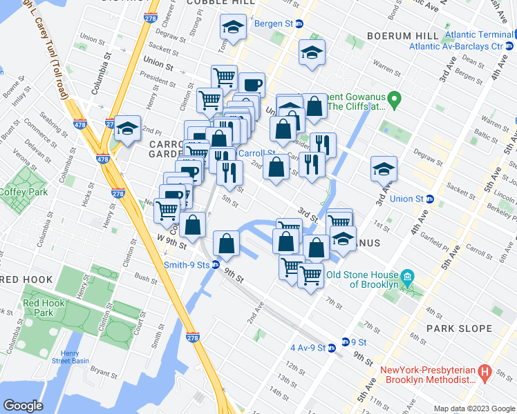 map of restaurants, bars, coffee shops, grocery stores, and more near 68 4th Street in Brooklyn