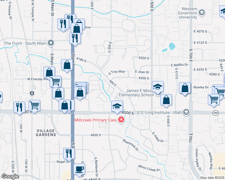 map of restaurants, bars, coffee shops, grocery stores, and more near 323 East Vagabond Drive in Murray
