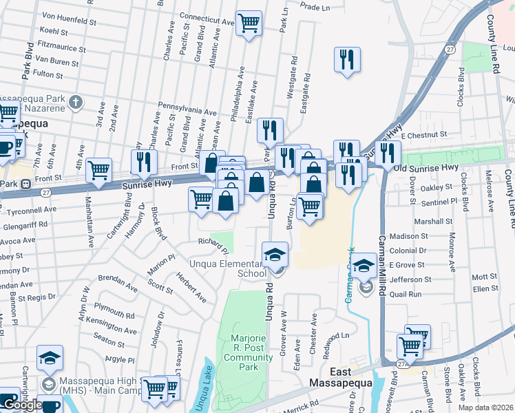 map of restaurants, bars, coffee shops, grocery stores, and more near 5300 Sunrise Highway in Massapequa Park