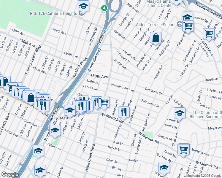 map of restaurants, bars, coffee shops, grocery stores, and more near 131-2 Hook Creek Boulevard in Queens