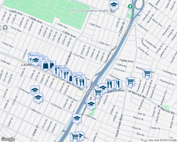map of restaurants, bars, coffee shops, grocery stores, and more near 131-39 234th Street in Queens
