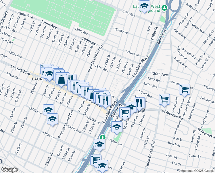 map of restaurants, bars, coffee shops, grocery stores, and more near 131-55 233rd Street in Queens